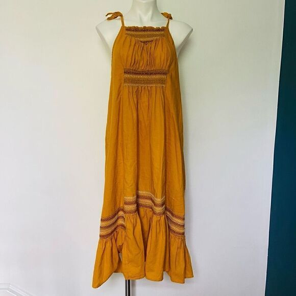 Free People Another Love Smocked Marigold Midi Dress Linen - Picture 14 of 14